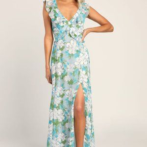 NWT Lulus Sensational Spring Light Blue Floral Print Ruffle Maxi Dress